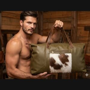 Olive Green Leather Duffle Bag with Cowhide Accent